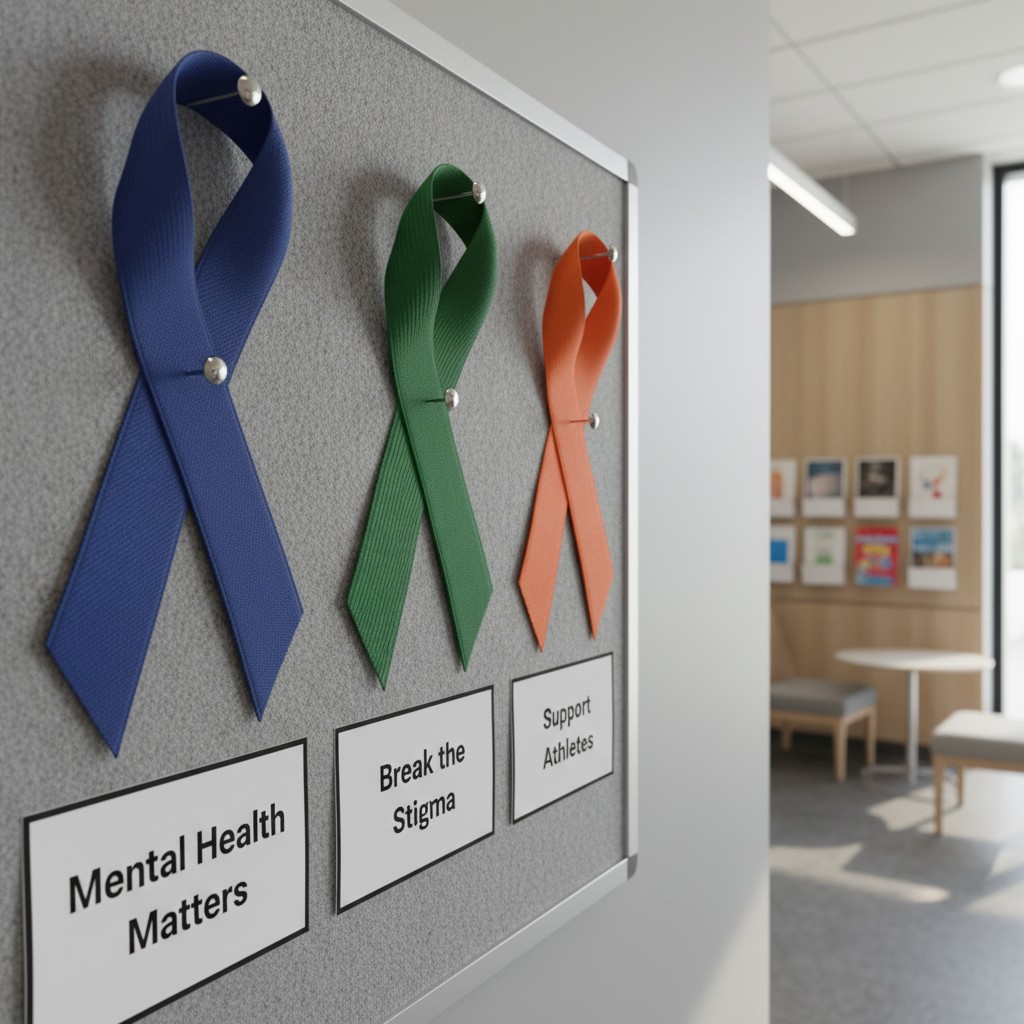 A bulletin board with three ribbons (blue, green, and orange) pinned on it. Below the ribbons are printed signs with messa...
