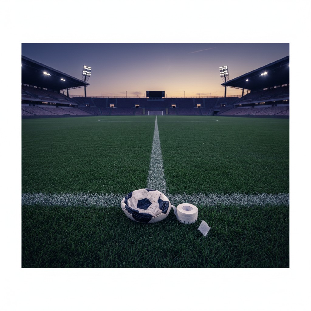 Grass soccer field inside a stadium, white soccer ball and roll of athletic tape.