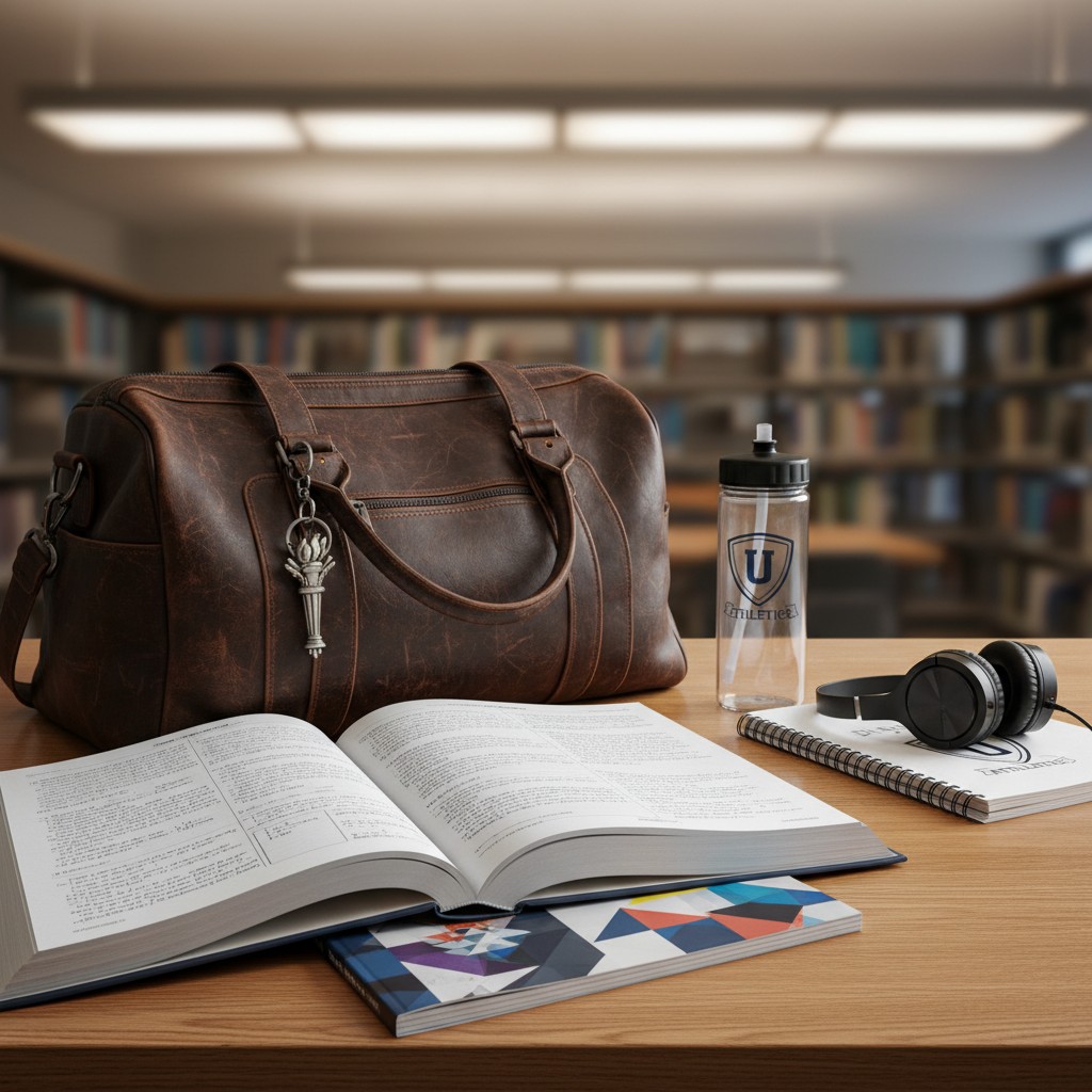 Domestic, Brown Leather Duffel Bag with Accessories in a Library Setting.