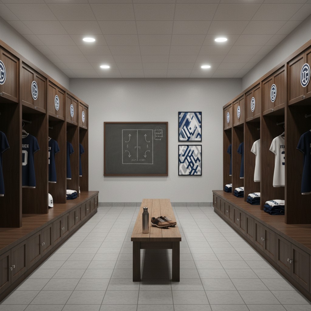 A well-maintained locker room with wooden lockers, a bench, and a trainer screenshot on the wall. The showcasing of the mo...