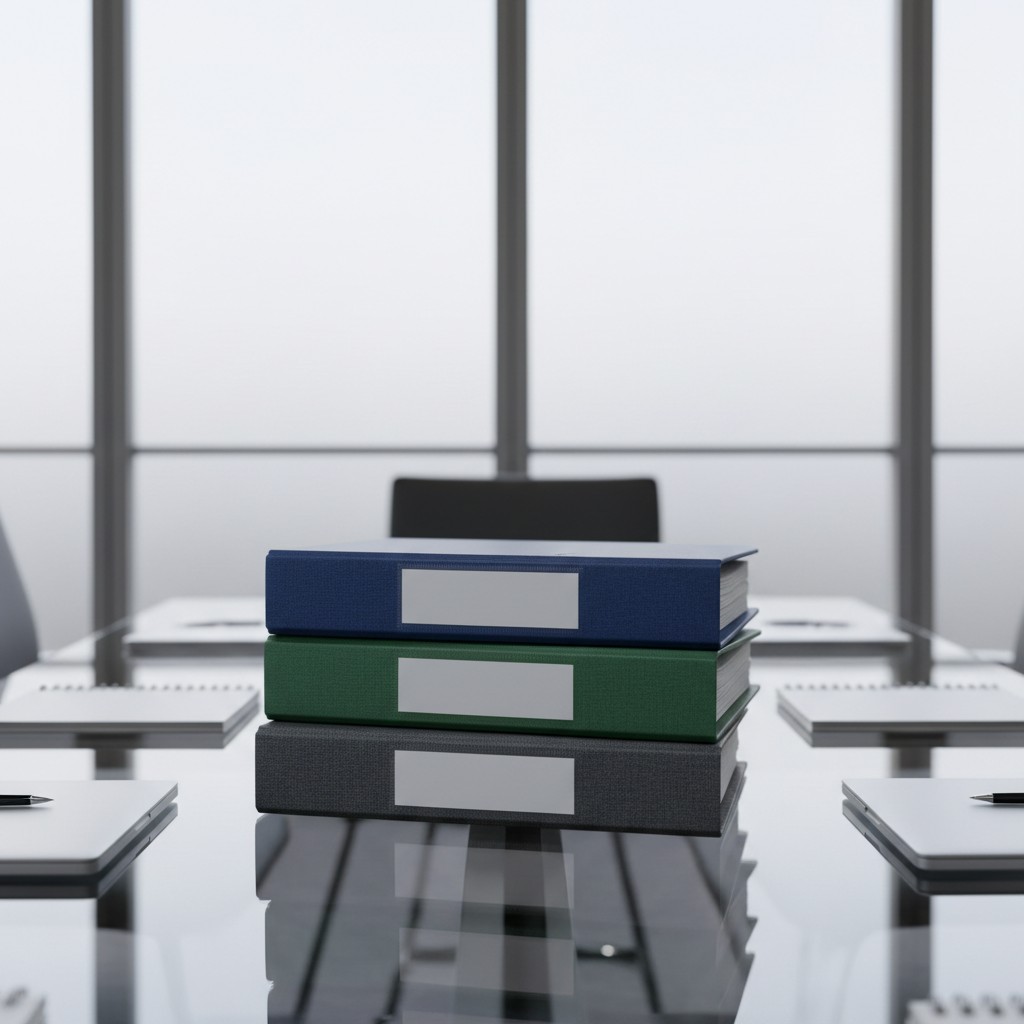 A 3D rendering of an office room with a table and chairs featuring three binders.